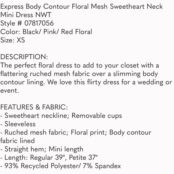 BNWT Express Floral Mesh Body Contour Sweetheart Neck Mini Dress - Picture 6 of 6